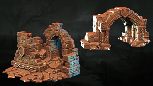 two 3D models of ruins or ruins, one on the left and one on the right, set against a dark background.
