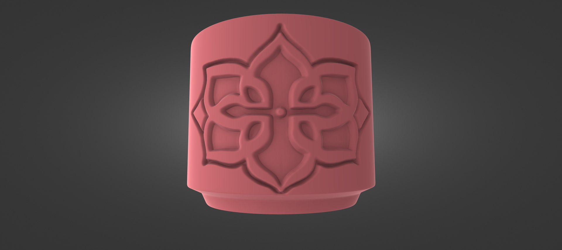 A 3D rendering of a pink, ornate object with a floral design on it.