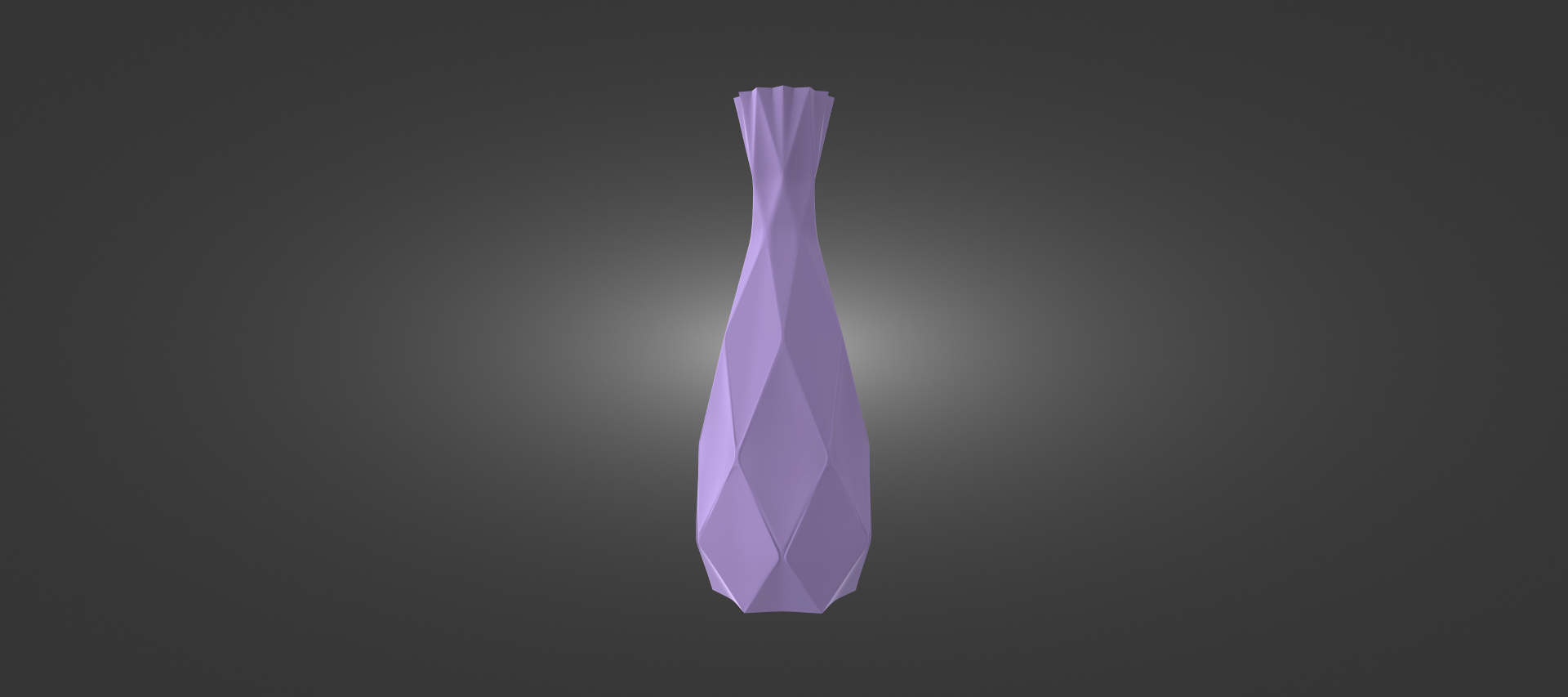 A 3D rendering of a purple, diamond-shaped vase against a dark background.