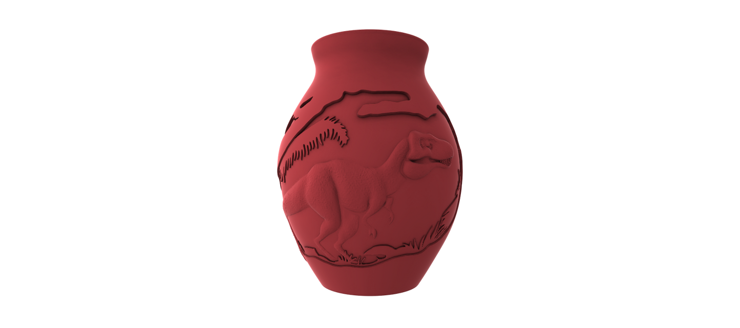A red ceramic vase with an embossed design depicting a stylized animal, likely a dinosaur or a similar creature, against a black background.