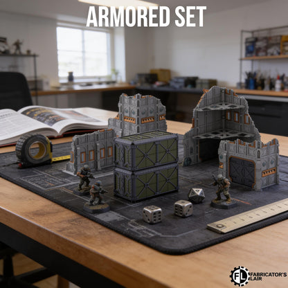 a tabletop with a tabletop role-playing game set, including miniature figures, a miniature city, and various game pieces.
