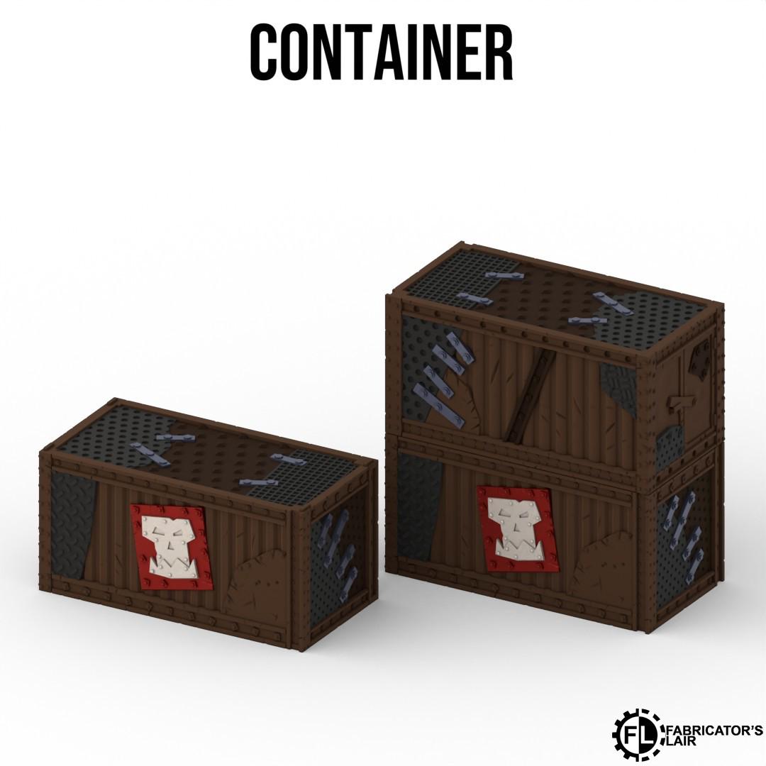 two brown wooden crates with various designs and textures, including a red and white design on one of the crates.