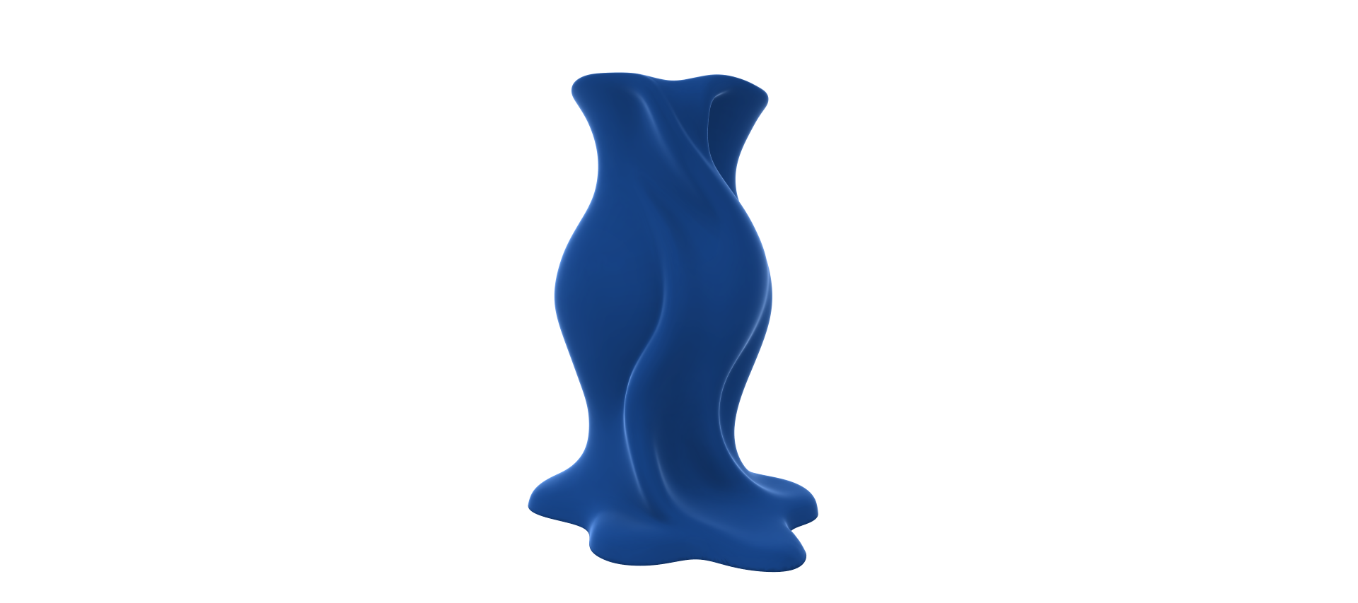A blue, abstract sculpture with a flowing, organic shape stands alone against a black background.