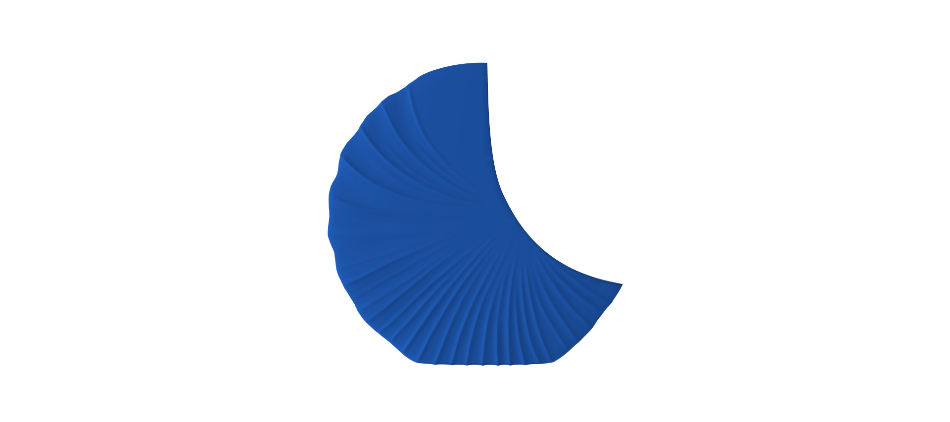 A blue, curved, and textured object resembling a leaf or a shell against a black background.