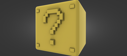 A 3D rendering of a yellow cube-shaped object with a question mark symbol on it, set against a dark background.