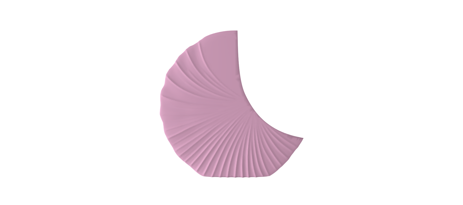 A single, curved, pink object resembling a shell or leaf against a black background.