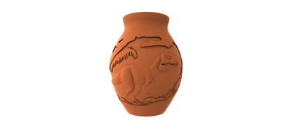 A 3D rendered image of a vase with an embossed design depicting a dinosaur or prehistoric creature.