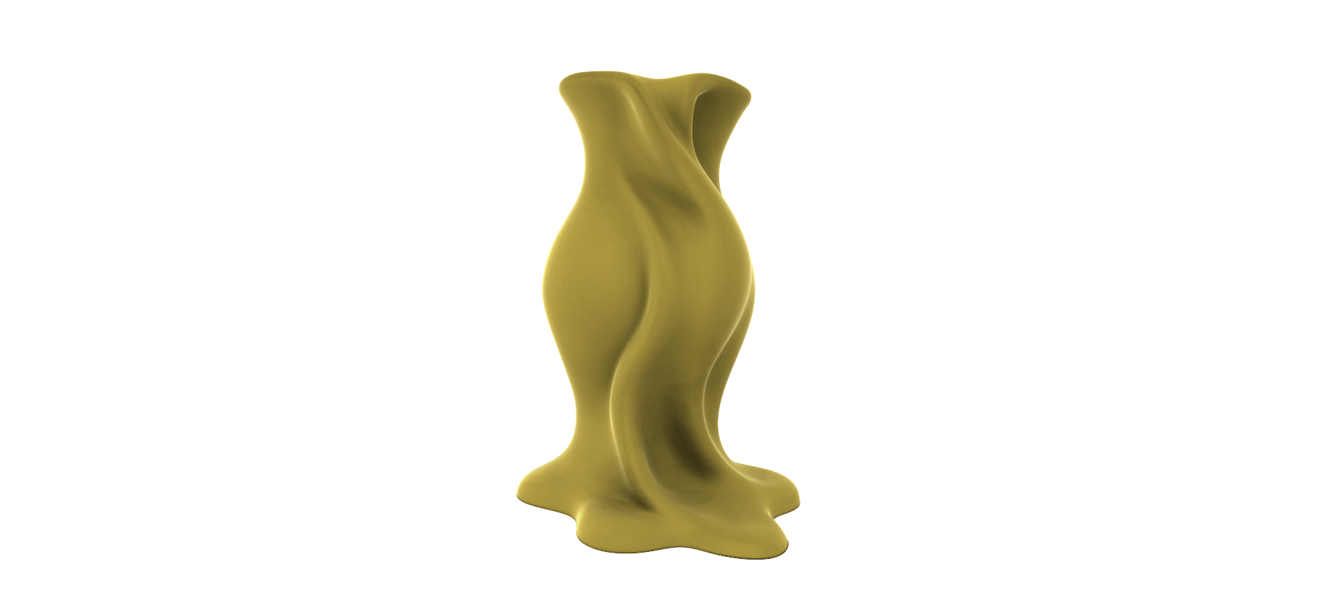 A 3D rendering of a golden, abstract sculpture with a flowing, organic shape against a black background.