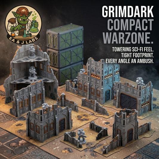 The image is an advertisement for a tabletop warzone game called "Grimdark Compact Warzone" by EA & J Labs. It features a detailed model of a warzone with various structures and buildings, including towers and bunkers, set against a dark background.